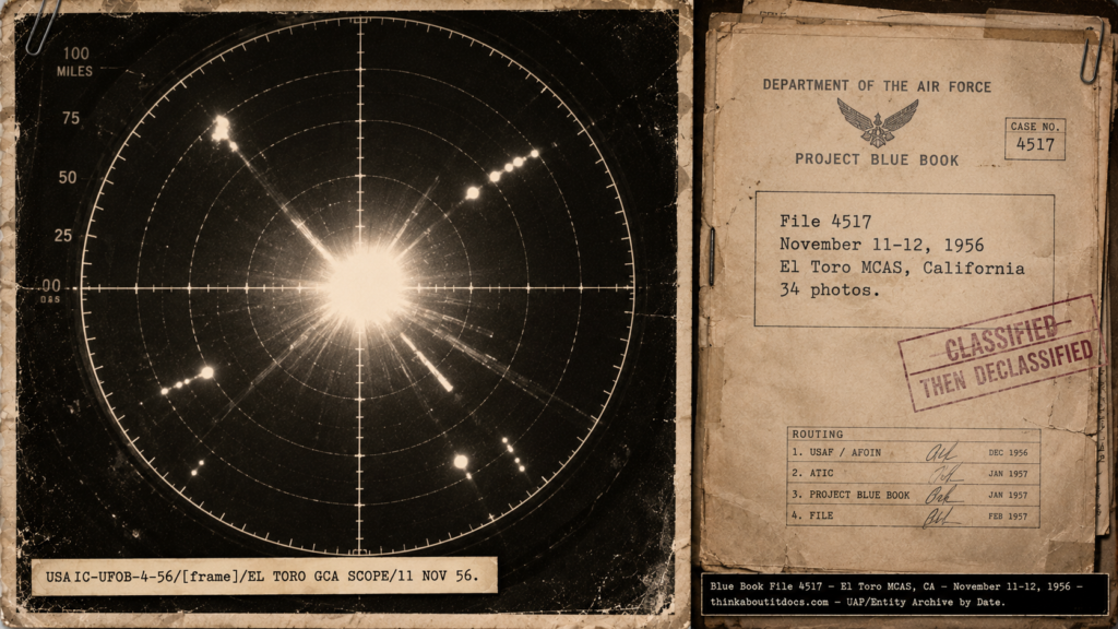 Two-panel image: a reproduction of a Blue Book File 4517 GCA radar scope photograph showing a massive saturating central return with radial streaks and smaller blips at El Toro MCAS California on November 11-12 1956, captioned USA/IC-UFOB-4-56/EL TORO GCA SCOPE/11 NOV 56; and the File 4517 cover sheet typed "34 photos."