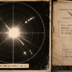Two-panel image: a reproduction of a Blue Book File 4517 GCA radar scope photograph showing a massive saturating central return with radial streaks and smaller blips at El Toro MCAS California on November 11-12 1956, captioned USA/IC-UFOB-4-56/EL TORO GCA SCOPE/11 NOV 56; and the File 4517 cover sheet typed "34 photos."