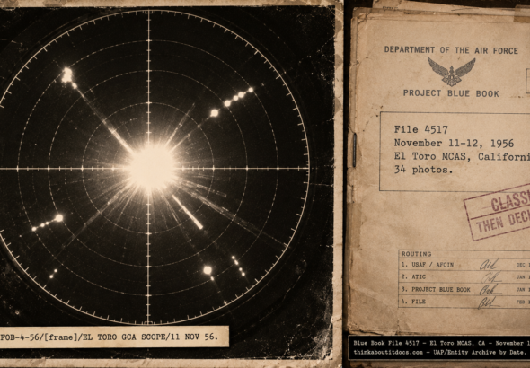 Two-panel image: a reproduction of a Blue Book File 4517 GCA radar scope photograph showing a massive saturating central return with radial streaks and smaller blips at El Toro MCAS California on November 11-12 1956, captioned USA/IC-UFOB-4-56/EL TORO GCA SCOPE/11 NOV 56; and the File 4517 cover sheet typed "34 photos."