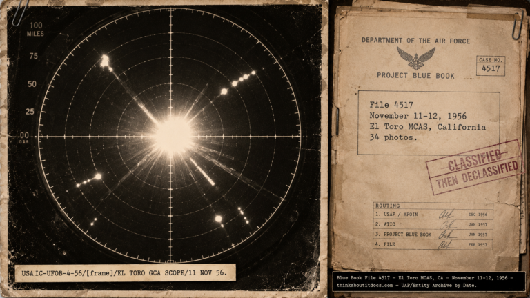 Two-panel image: a reproduction of a Blue Book File 4517 GCA radar scope photograph showing a massive saturating central return with radial streaks and smaller blips at El Toro MCAS California on November 11-12 1956, captioned USA/IC-UFOB-4-56/EL TORO GCA SCOPE/11 NOV 56; and the File 4517 cover sheet typed "34 photos."