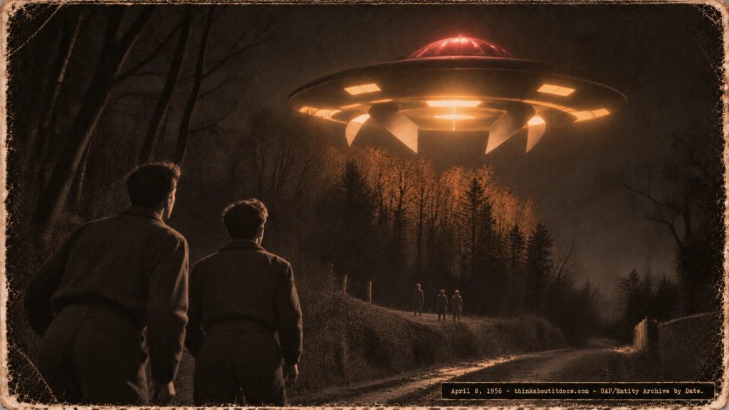 1950s-style illustration of two brothers watching a red-domed disc with rotating fins hover at treetop height near Elbeuf, France on April 8, 1956.