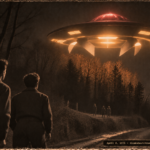 1950s-style illustration of two brothers watching a red-domed disc with rotating fins hover at treetop height near Elbeuf, France on April 8, 1956.