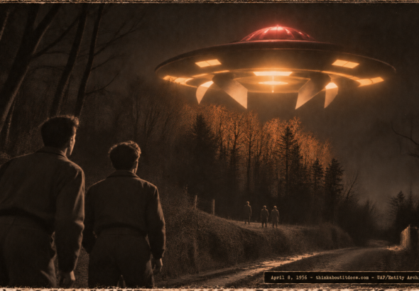 1950s-style illustration of two brothers watching a red-domed disc with rotating fins hover at treetop height near Elbeuf, France on April 8, 1956.