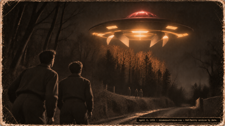 1950s-style illustration of two brothers watching a red-domed disc with rotating fins hover at treetop height near Elbeuf, France on April 8, 1956.