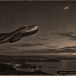 1950s-style illustration of a de Havilland Vampire jet climbing over the Welsh coast at dusk toward a pale shape far above, from test pilot Eric Brown's February 1956 UFO encounter.