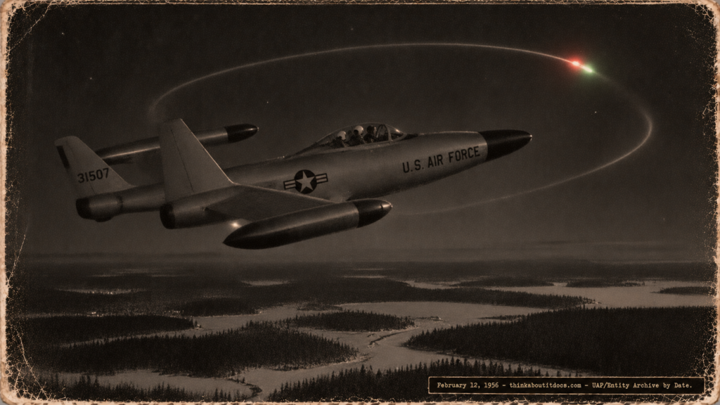 1950s-style illustration of a red-and-green light circling a USAF F-89D Scorpion over snowy Goose Bay, Labrador on February 12, 1956.