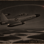 1950s-style illustration of a red-and-green light circling a USAF F-89D Scorpion over snowy Goose Bay, Labrador on February 12, 1956.