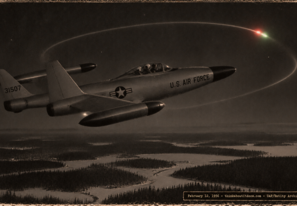 1950s-style illustration of a red-and-green light circling a USAF F-89D Scorpion over snowy Goose Bay, Labrador on February 12, 1956.