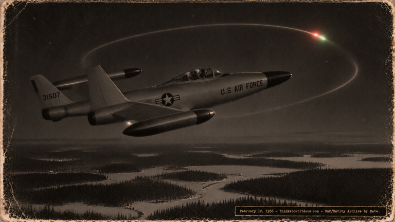 1950s-style illustration of a red-and-green light circling a USAF F-89D Scorpion over snowy Goose Bay, Labrador on February 12, 1956.