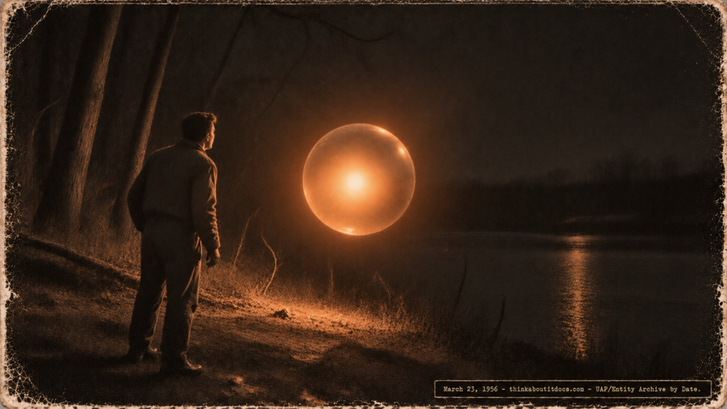 1950s-style illustration of lab technician Bassett standing on the Grand River bank at Grand Ledge, Michigan in pre-dawn darkness as a glowing orange metallic sphere hovers ten feet away at four feet altitude, March 23, 1956.