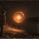 1950s-style illustration of lab technician Bassett standing on the Grand River bank at Grand Ledge, Michigan in pre-dawn darkness as a glowing orange metallic sphere hovers ten feet away at four feet altitude, March 23, 1956.