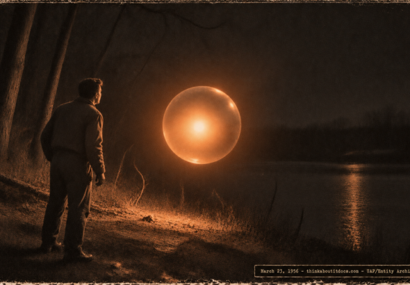 1950s-style illustration of lab technician Bassett standing on the Grand River bank at Grand Ledge, Michigan in pre-dawn darkness as a glowing orange metallic sphere hovers ten feet away at four feet altitude, March 23, 1956.