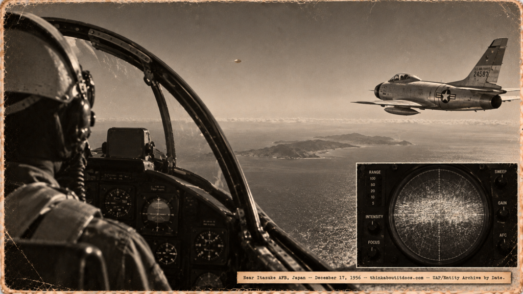 1950s-style illustration of two USAF F-86D Sabre-dog interceptors over the Korea Strait east of Tsushima Island with a small tan rounded object visible ahead maintaining distance, and a panel insert showing the lead aircraft's radar scope covered in ECM jamming interference, December 17, 1956.