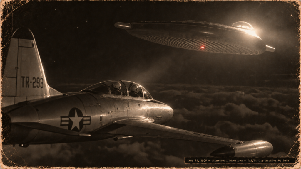 1950s-style illustration of a USAF T-33 jet as a ribbed elliptical object with a red center light and blazing forward dome passes 225 feet ahead over Louisiana on May 22, 1956.
