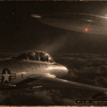 1950s-style illustration of a USAF T-33 jet as a ribbed elliptical object with a red center light and blazing forward dome passes 225 feet ahead over Louisiana on May 22, 1956.