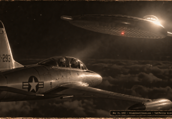 1950s-style illustration of a USAF T-33 jet as a ribbed elliptical object with a red center light and blazing forward dome passes 225 feet ahead over Louisiana on May 22, 1956.