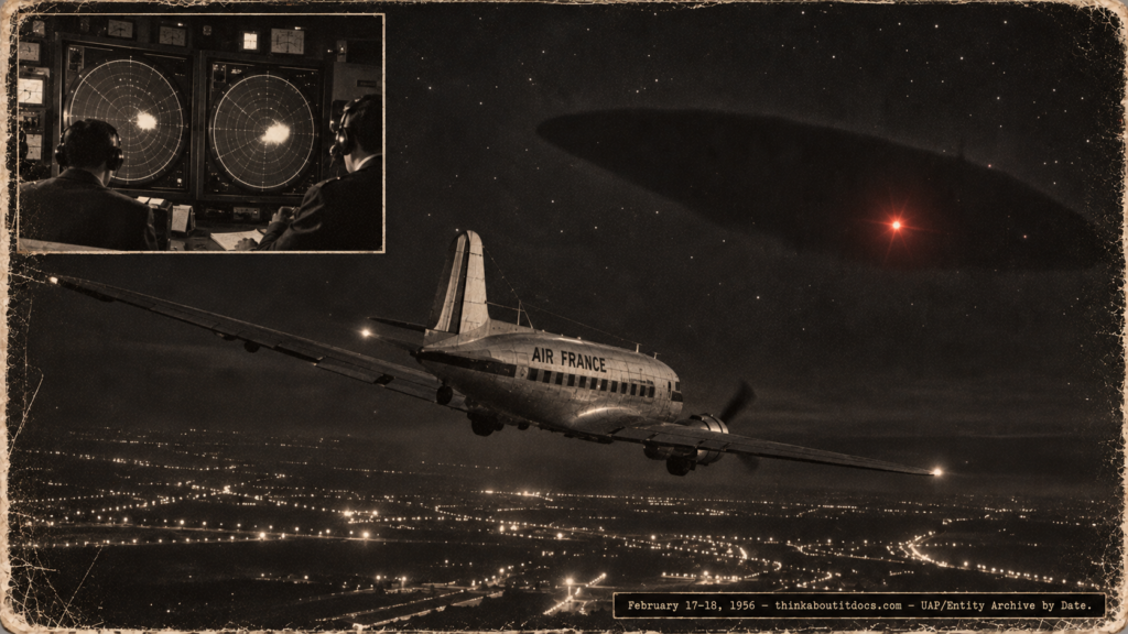 1950s-style illustration of an Air France DC-3 banking away from a flashing red light over Paris, with an inset of Orly radar technicians watching a giant echo in February 1956.