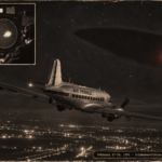 1950s-style illustration of an Air France DC-3 banking away from a flashing red light over Paris, with an inset of Orly radar technicians watching a giant echo in February 1956.