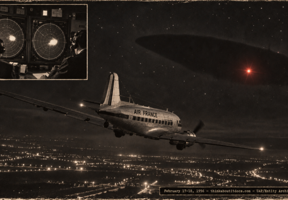 1950s-style illustration of an Air France DC-3 banking away from a flashing red light over Paris, with an inset of Orly radar technicians watching a giant echo in February 1956.