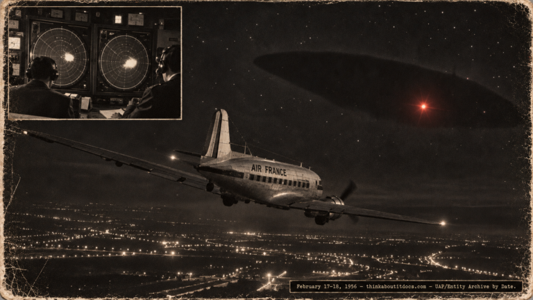 1950s-style illustration of an Air France DC-3 banking away from a flashing red light over Paris, with an inset of Orly radar technicians watching a giant echo in February 1956.