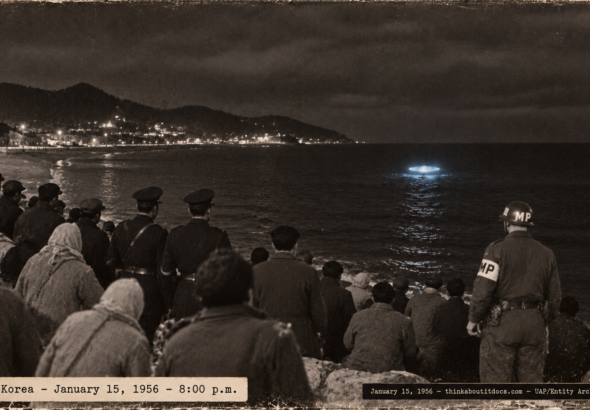 1950s-style illustration of townspeople, Korean police and a U.S. MP on the shore at Pusan, Korea watching a blue-gray glowing object float on the sea on January 15, 1956.