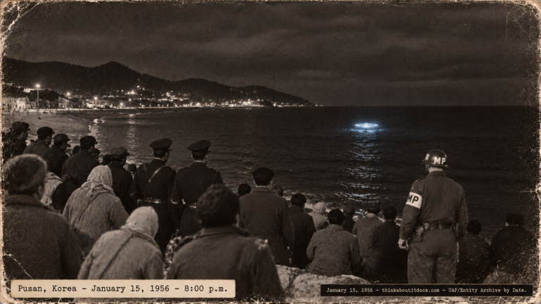 1950s-style illustration of townspeople, Korean police and a U.S. MP on the shore at Pusan, Korea watching a blue-gray glowing object float on the sea on January 15, 1956.