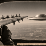 1950s-style illustration viewed from inside a USAF RB-36H aft compartment scanner window showing the aircraft's left wing with a 100-foot metallic disc with a domed portholes-ringed top flying in tight formation off the wingtip at 40,000 feet over the Dakota plains, with a crew member's hand holding a 35mm camera in the foreground, late 1956.