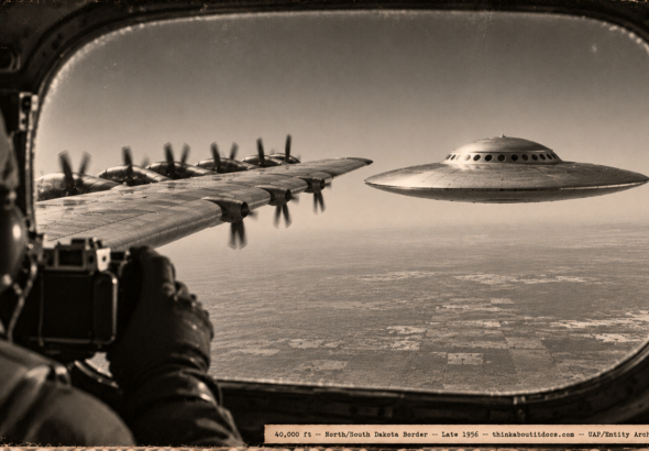 1950s-style illustration viewed from inside a USAF RB-36H aft compartment scanner window showing the aircraft's left wing with a 100-foot metallic disc with a domed portholes-ringed top flying in tight formation off the wingtip at 40,000 feet over the Dakota plains, with a crew member's hand holding a 35mm camera in the foreground, late 1956.