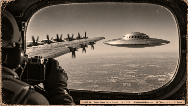 1950s-style illustration viewed from inside a USAF RB-36H aft compartment scanner window showing the aircraft's left wing with a 100-foot metallic disc with a domed portholes-ringed top flying in tight formation off the wingtip at 40,000 feet over the Dakota plains, with a crew member's hand holding a 35mm camera in the foreground, late 1956.