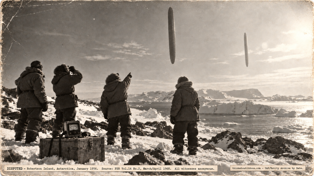 1950s-style polar expedition illustration of four figures in parkas at Robertson Island, Antarctica, watching two tall vertical cigar-shaped objects hanging motionless in the Antarctic sky in January 1956, with a Geiger counter on a crate in the foreground — labeled Disputed.
