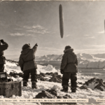 1950s-style polar expedition illustration of four figures in parkas at Robertson Island, Antarctica, watching two tall vertical cigar-shaped objects hanging motionless in the Antarctic sky in January 1956, with a Geiger counter on a crate in the foreground — labeled Disputed.