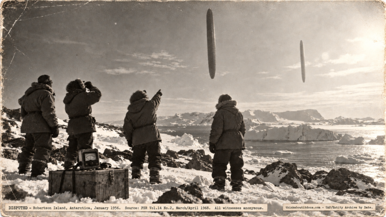 1950s-style polar expedition illustration of four figures in parkas at Robertson Island, Antarctica, watching two tall vertical cigar-shaped objects hanging motionless in the Antarctic sky in January 1956, with a Geiger counter on a crate in the foreground — labeled Disputed.