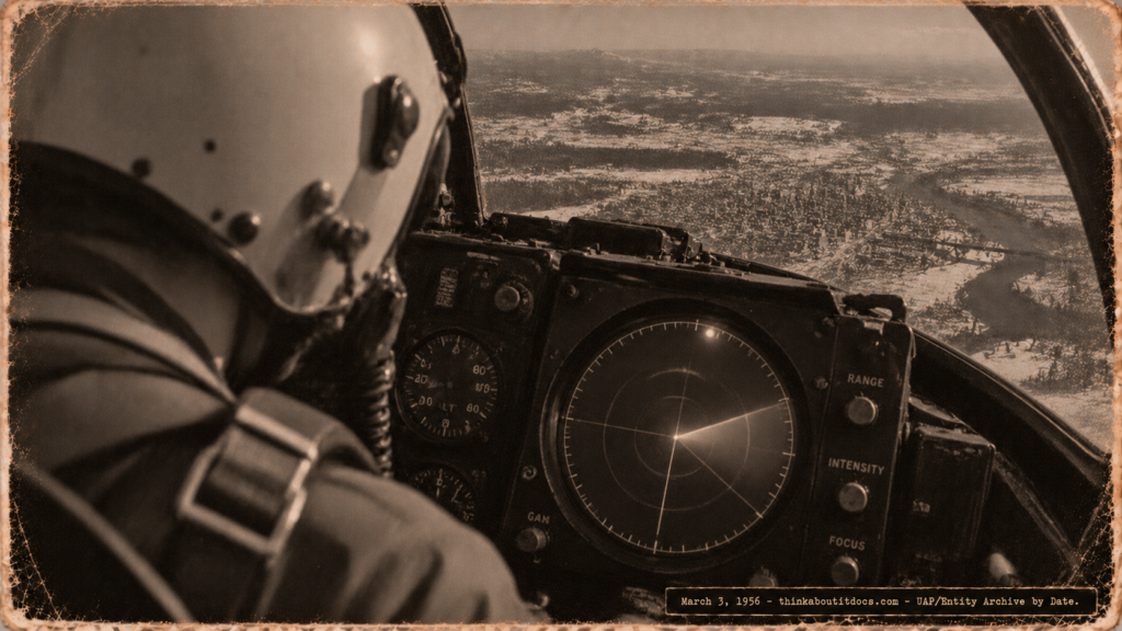 1950s-style illustration of USAF pilot 1st Lt. Stoner watching a fast-moving blip near the edge of his F-86D radar scope over Spokane, Washington on March 3, 1956.