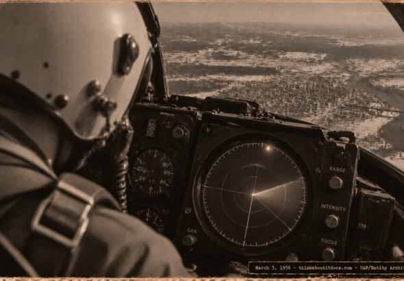 1950s-style illustration of USAF pilot 1st Lt. Stoner watching a fast-moving blip near the edge of his F-86D radar scope over Spokane, Washington on March 3, 1956.