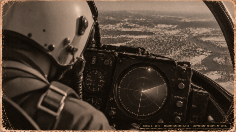 1950s-style illustration of USAF pilot 1st Lt. Stoner watching a fast-moving blip near the edge of his F-86D radar scope over Spokane, Washington on March 3, 1956.