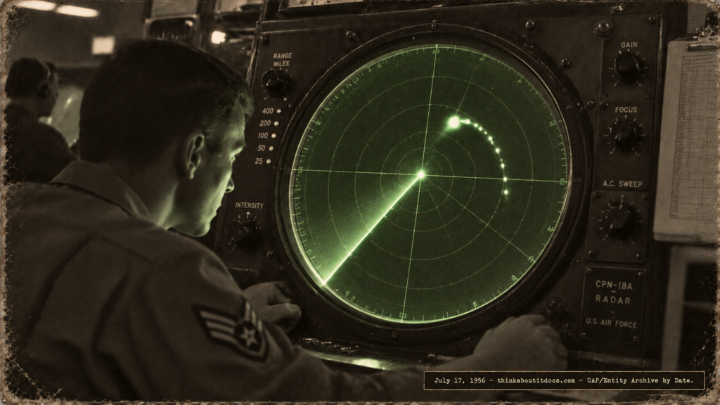 1950s-style illustration of a USAF radar operator watching a CPN-18A scope at Westover AFB, Massachusetts, as an oversized blip executes a rapid reversal arc on the display, July 17, 1956.