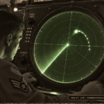 1950s-style illustration of a USAF radar operator watching a CPN-18A scope at Westover AFB, Massachusetts, as an oversized blip executes a rapid reversal arc on the display, July 17, 1956.