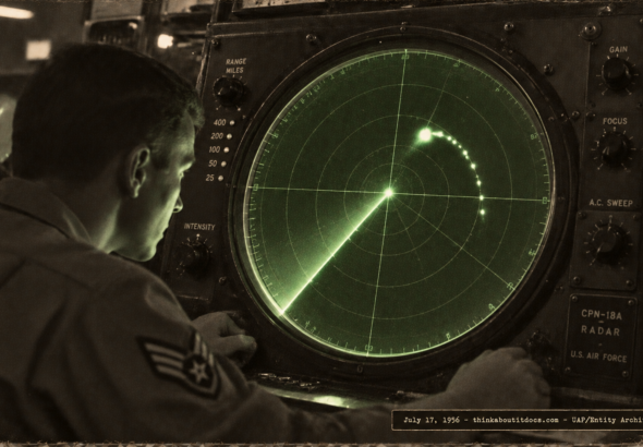 1950s-style illustration of a USAF radar operator watching a CPN-18A scope at Westover AFB, Massachusetts, as an oversized blip executes a rapid reversal arc on the display, July 17, 1956.
