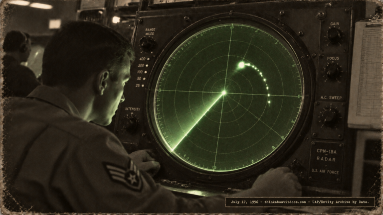 1950s-style illustration of a USAF radar operator watching a CPN-18A scope at Westover AFB, Massachusetts, as an oversized blip executes a rapid reversal arc on the display, July 17, 1956.