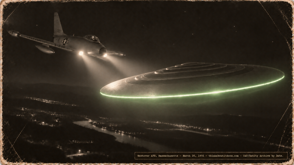 1950s-style illustration of a USAF jet fighter with landing lights illuminating a large silver disc-shaped object at night over western Massachusetts, showing the disc's stepped terraced top surface and green fluorescent rim glow, March 26, 1956.