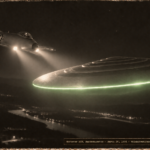 1950s-style illustration of a USAF jet fighter with landing lights illuminating a large silver disc-shaped object at night over western Massachusetts, showing the disc's stepped terraced top surface and green fluorescent rim glow, March 26, 1956.