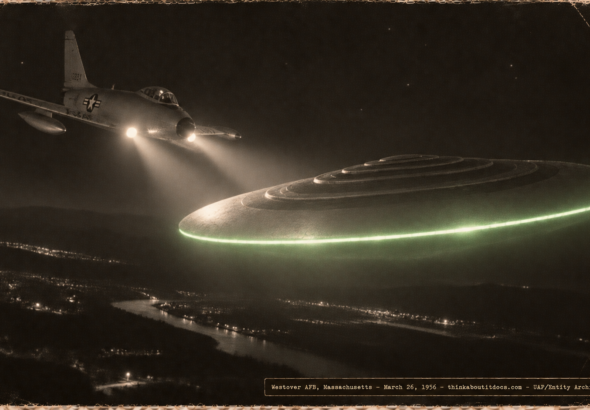 1950s-style illustration of a USAF jet fighter with landing lights illuminating a large silver disc-shaped object at night over western Massachusetts, showing the disc's stepped terraced top surface and green fluorescent rim glow, March 26, 1956.