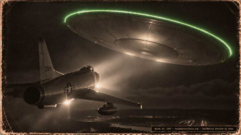 1950s-style illustration of a USAF interceptor illuminating a massive round disc with green fluorescent outer edge glow over Westover AFB, Massachusetts, on March 26, 1956.