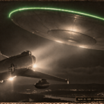 1950s-style illustration of a USAF interceptor illuminating a massive round disc with green fluorescent outer edge glow over Westover AFB, Massachusetts, on March 26, 1956.