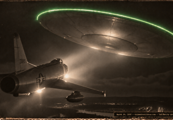1950s-style illustration of a USAF interceptor illuminating a massive round disc with green fluorescent outer edge glow over Westover AFB, Massachusetts, on March 26, 1956.
