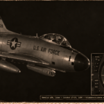 1950s-style illustration of a USAF F-86D Sabre-dog interceptor banking over the Libyan coast at night with an inset radar scope showing a solid target at 2 miles and fire-control Splash notation, while the canopy shows only empty dark sky ahead, Wheelus AFB October 1956.