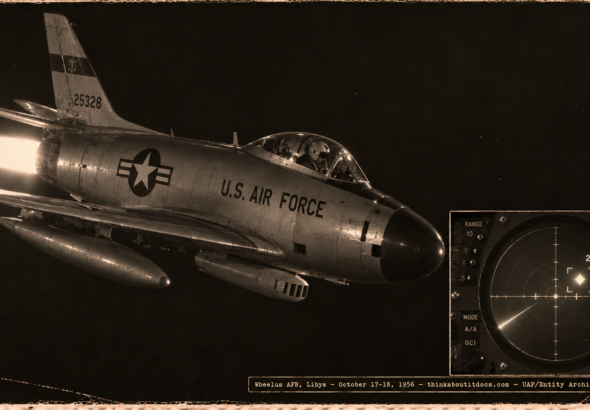 1950s-style illustration of a USAF F-86D Sabre-dog interceptor banking over the Libyan coast at night with an inset radar scope showing a solid target at 2 miles and fire-control Splash notation, while the canopy shows only empty dark sky ahead, Wheelus AFB October 1956.