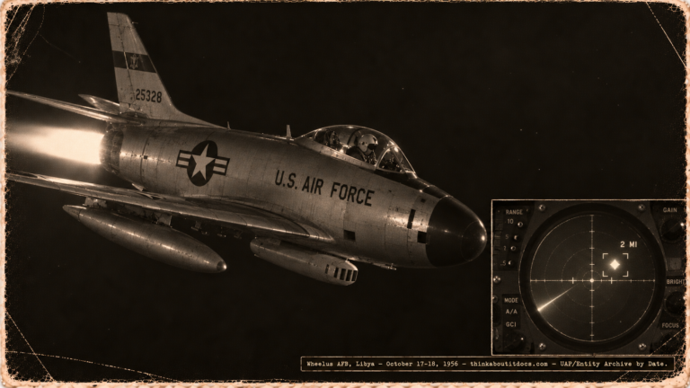 1950s-style illustration of a USAF F-86D Sabre-dog interceptor banking over the Libyan coast at night with an inset radar scope showing a solid target at 2 miles and fire-control Splash notation, while the canopy shows only empty dark sky ahead, Wheelus AFB October 1956.