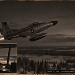 1950s-style illustration of an F-89D Scorpion climbing after a reddish light over snowy Michigan pines near Wurtsmith AFB on January 11, 1956, with tower operators watching.