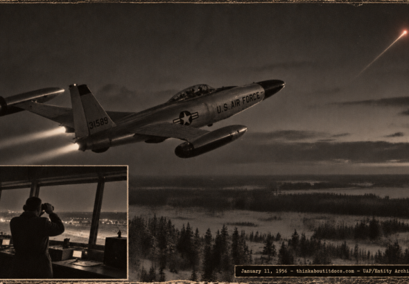 1950s-style illustration of an F-89D Scorpion climbing after a reddish light over snowy Michigan pines near Wurtsmith AFB on January 11, 1956, with tower operators watching.